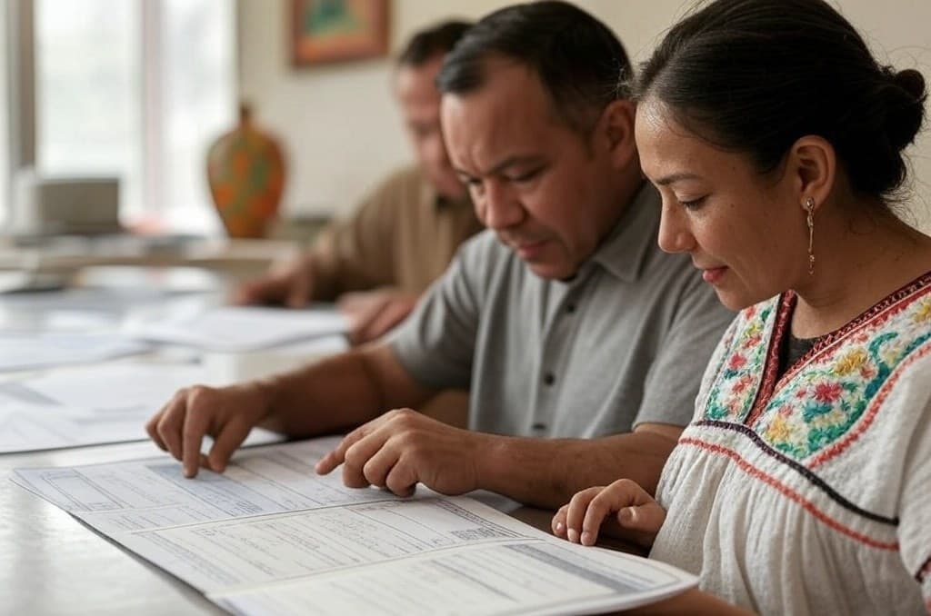 Customers reviewing paperwork forms at a table
