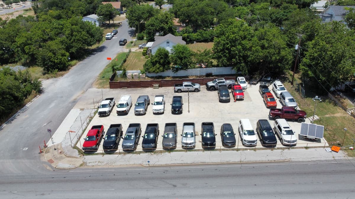 Aerial view of the Cowtown Auto Group inventory lot in Fort Worth