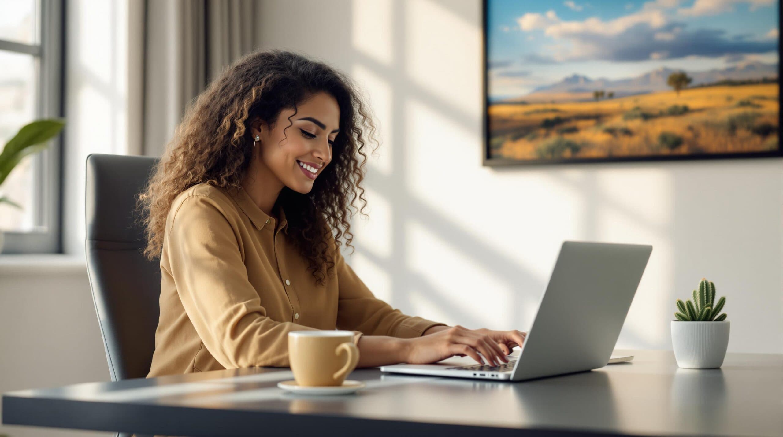 Woman smiling while typing on a laptop