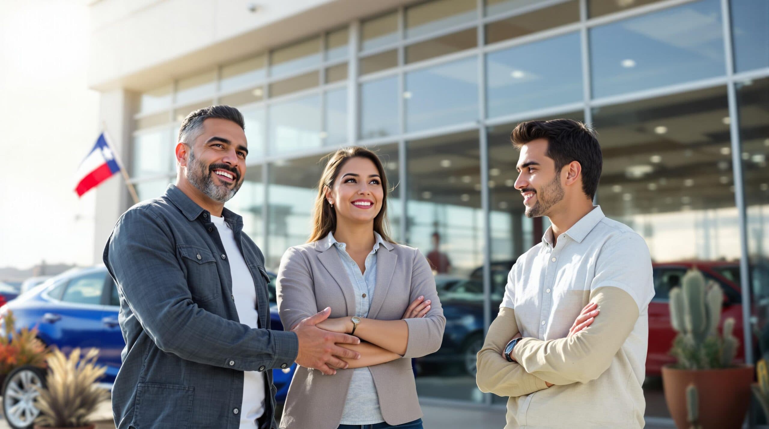 Three people standing outside a car dealership