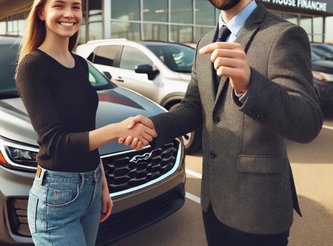 Salesperson and customer shaking hands by a car