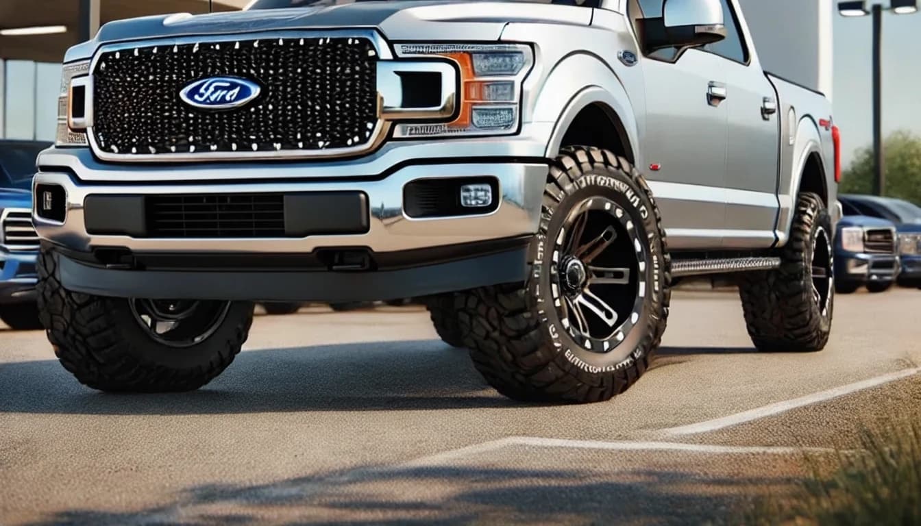 Silver Ford pickup truck on a dealership lot