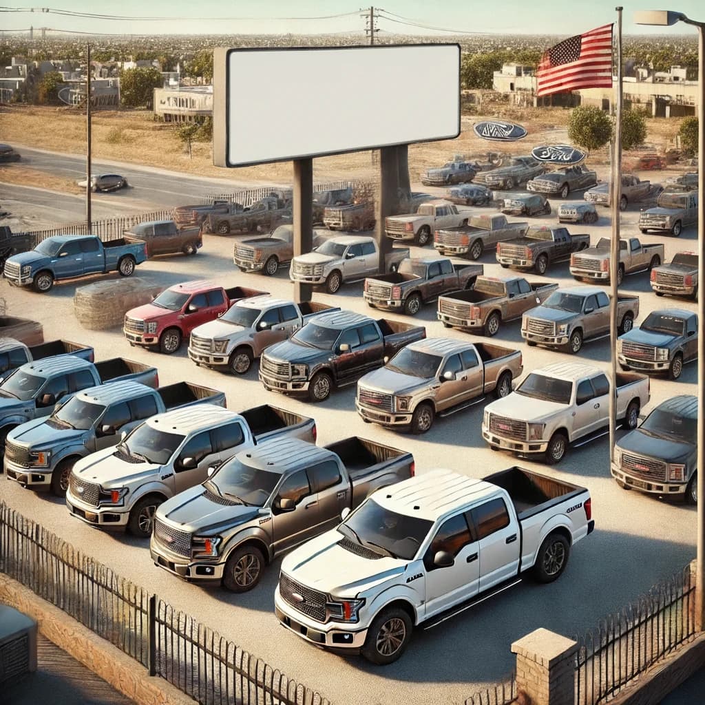 Rows of pickup trucks parked on a lot