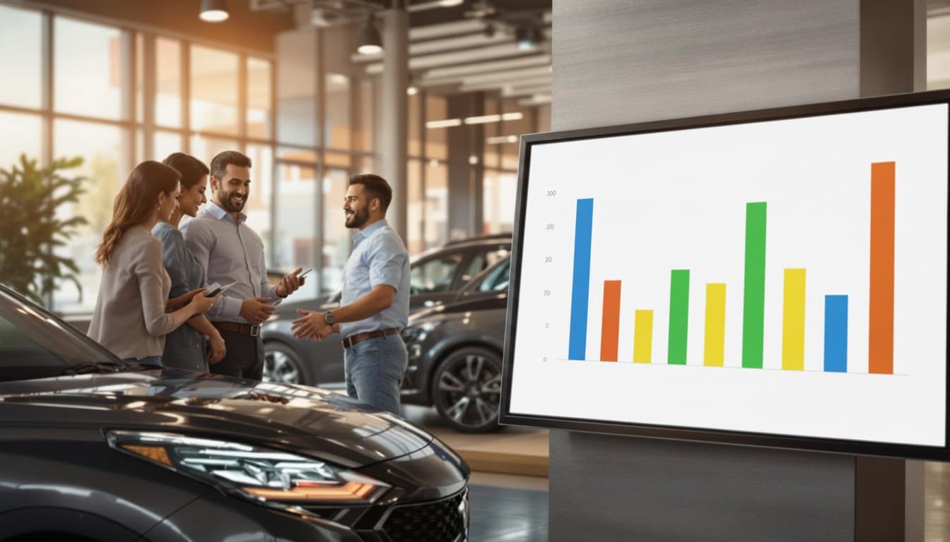 Staff and customers talking in a car showroom