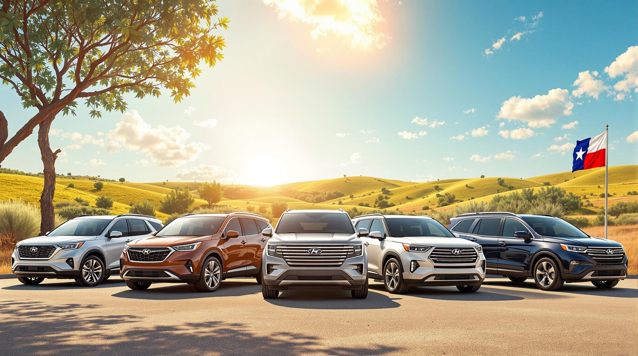 Six SUVs parked in a row under a sunny sky